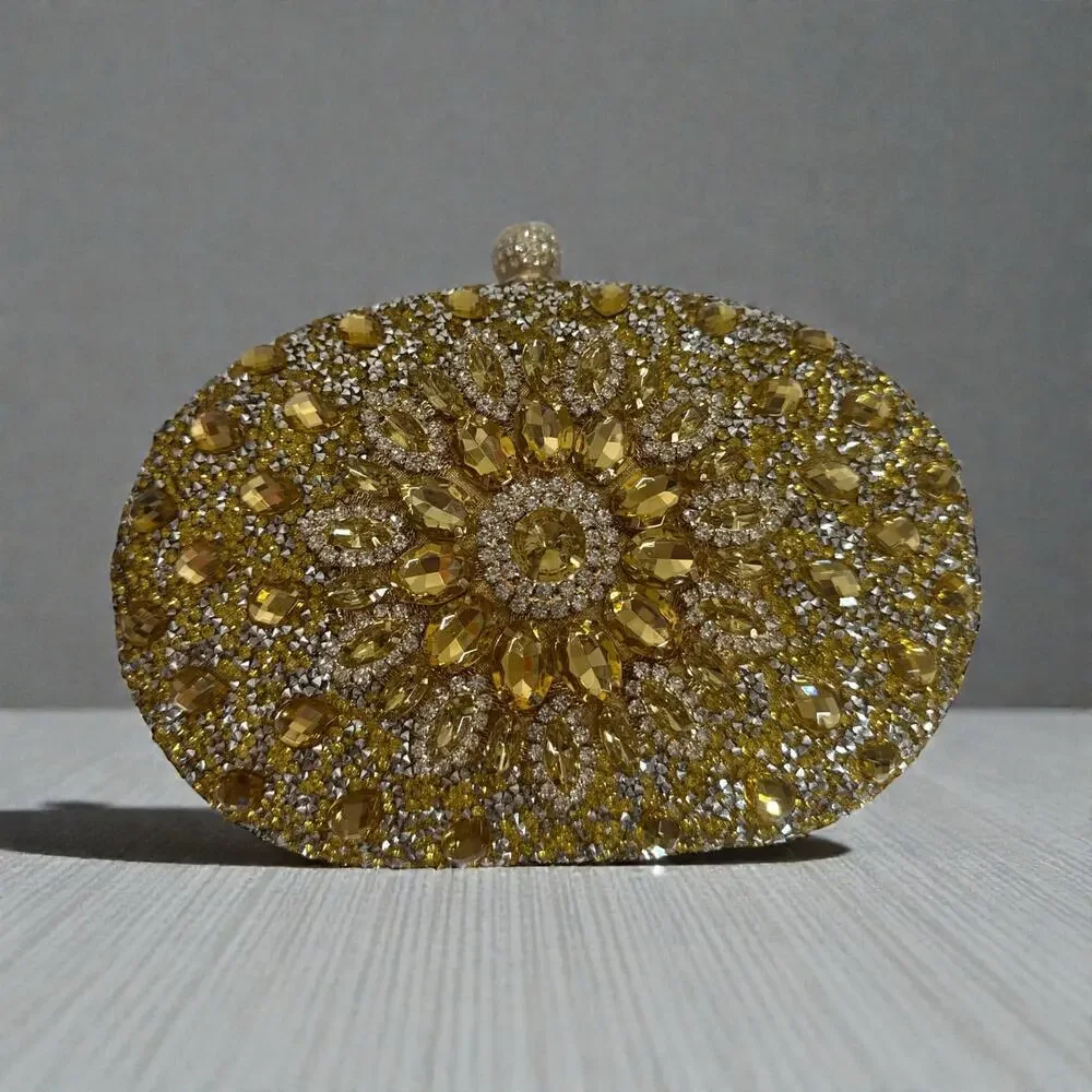 Ramla Gold Crystal Embellished Oval Evening Clutch Beaded Purse NWT